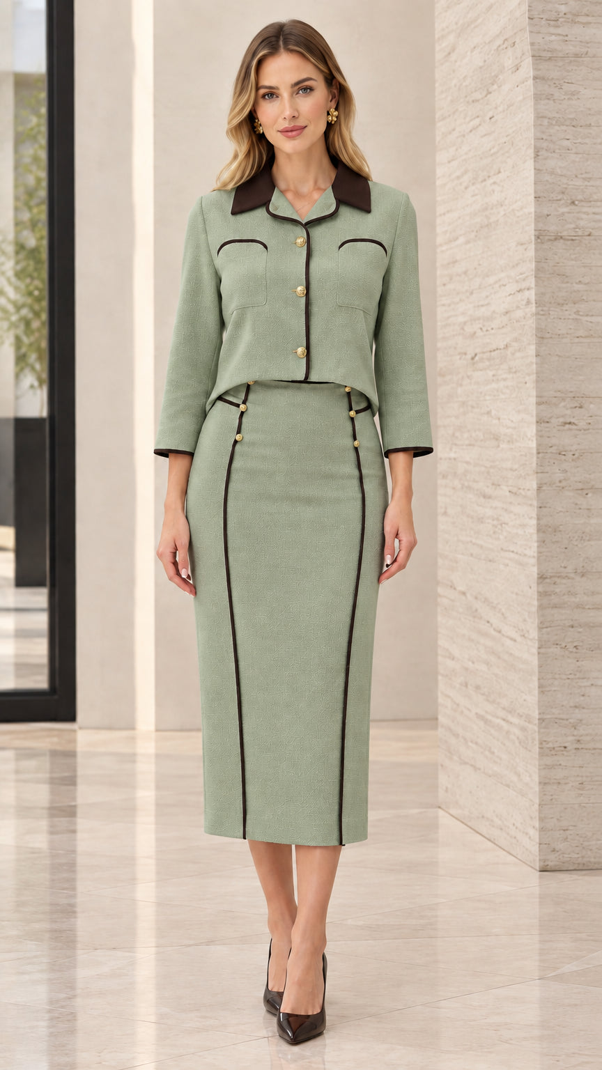Front view of sage green two-piece skirt suit with dark contrast piping