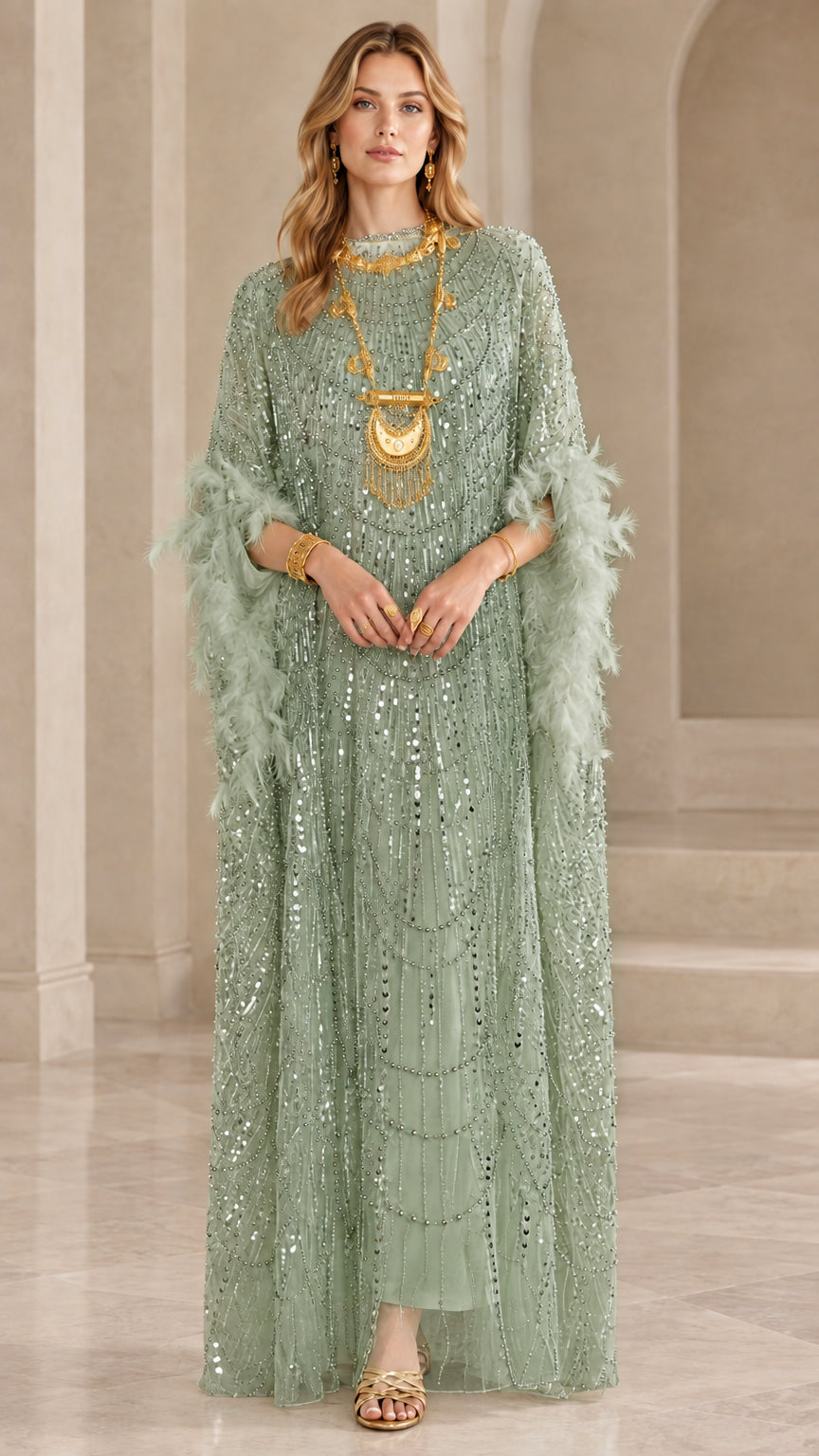 Model wearing sage green sequin kaftan maxi dress with green feather trim