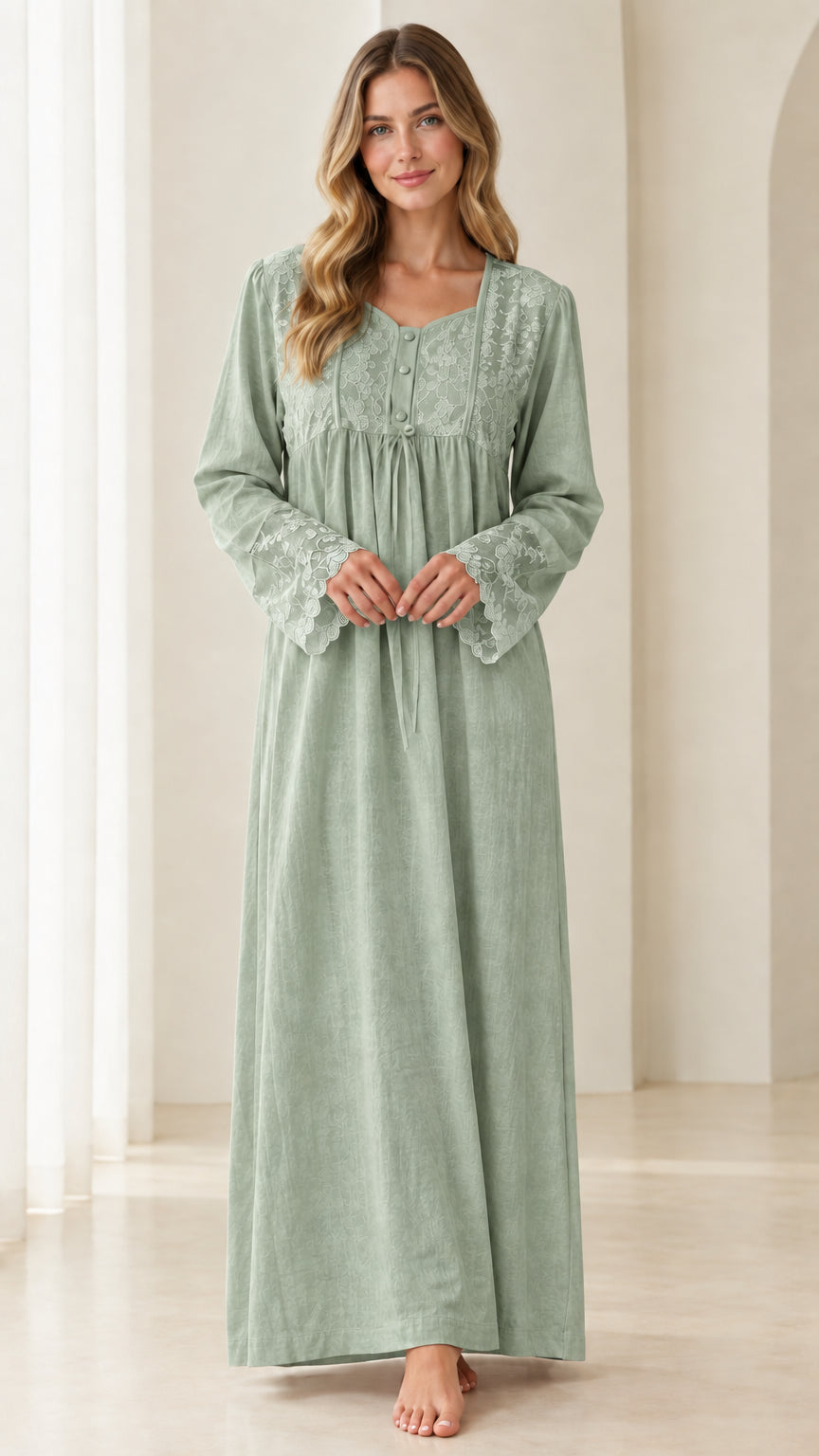 Full-length front view of sage green Victorian lace long sleeve nightgown