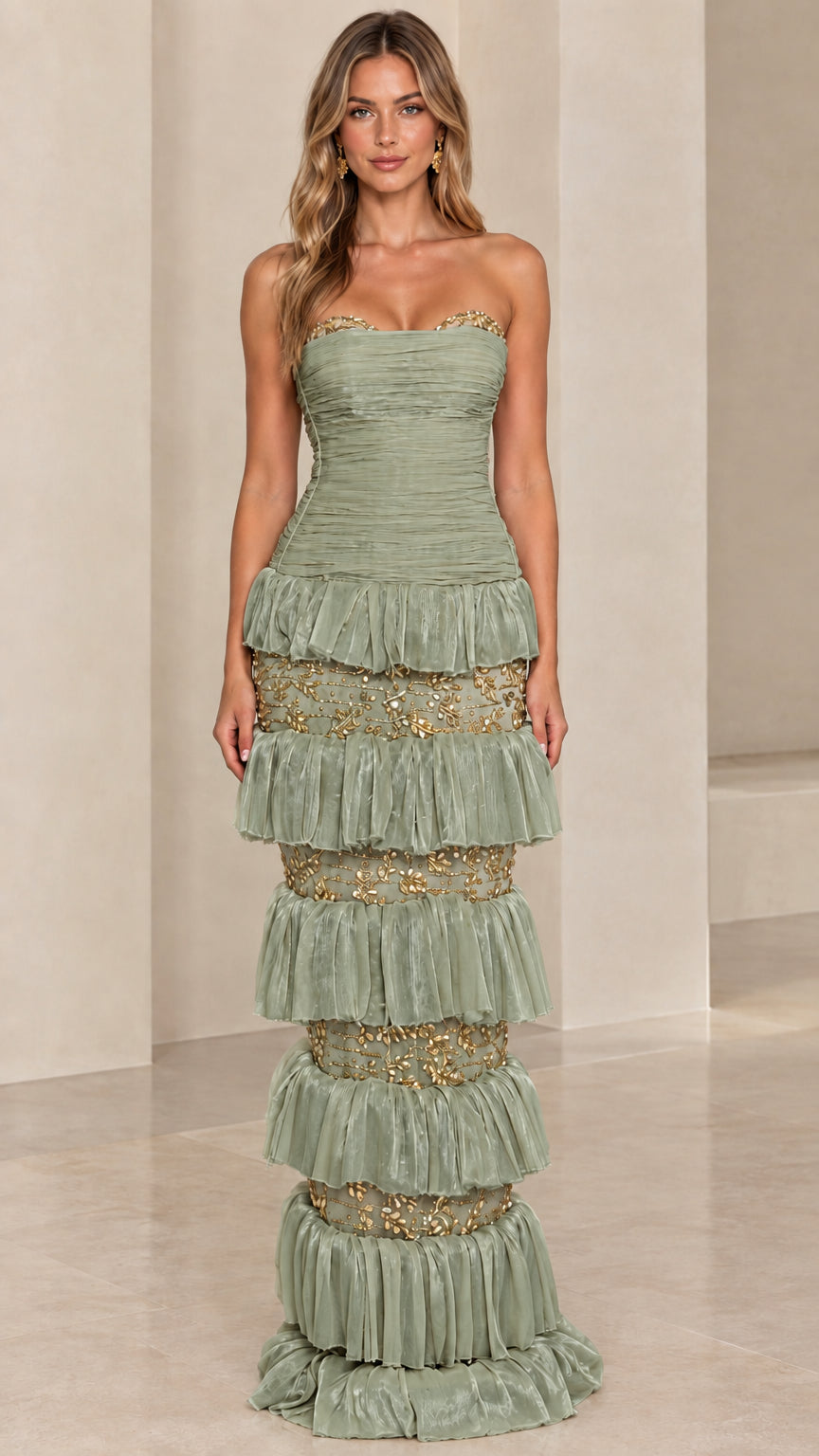 Front view of model wearing Sage Green strapless tiered formal maxi dress