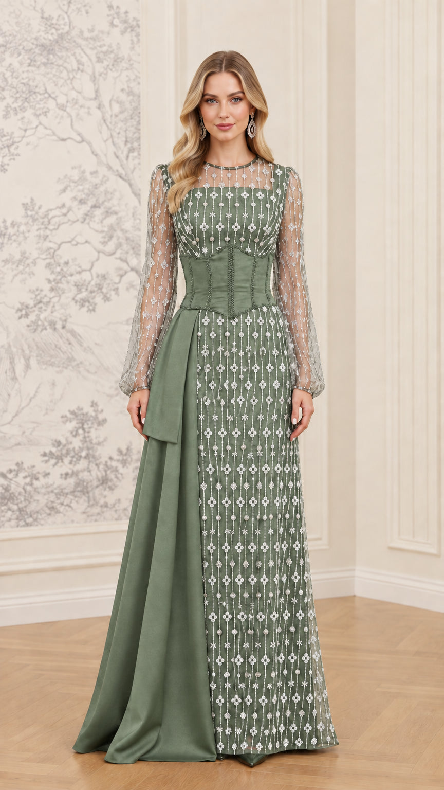 Sage green rhinestone long sleeve evening gown with corset waist and draped skirt