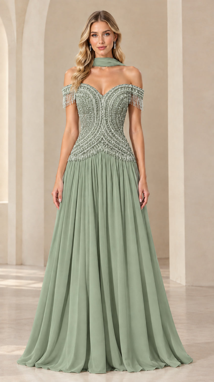 Sage green beaded sweetheart corset gown with pleated floor-length skirt