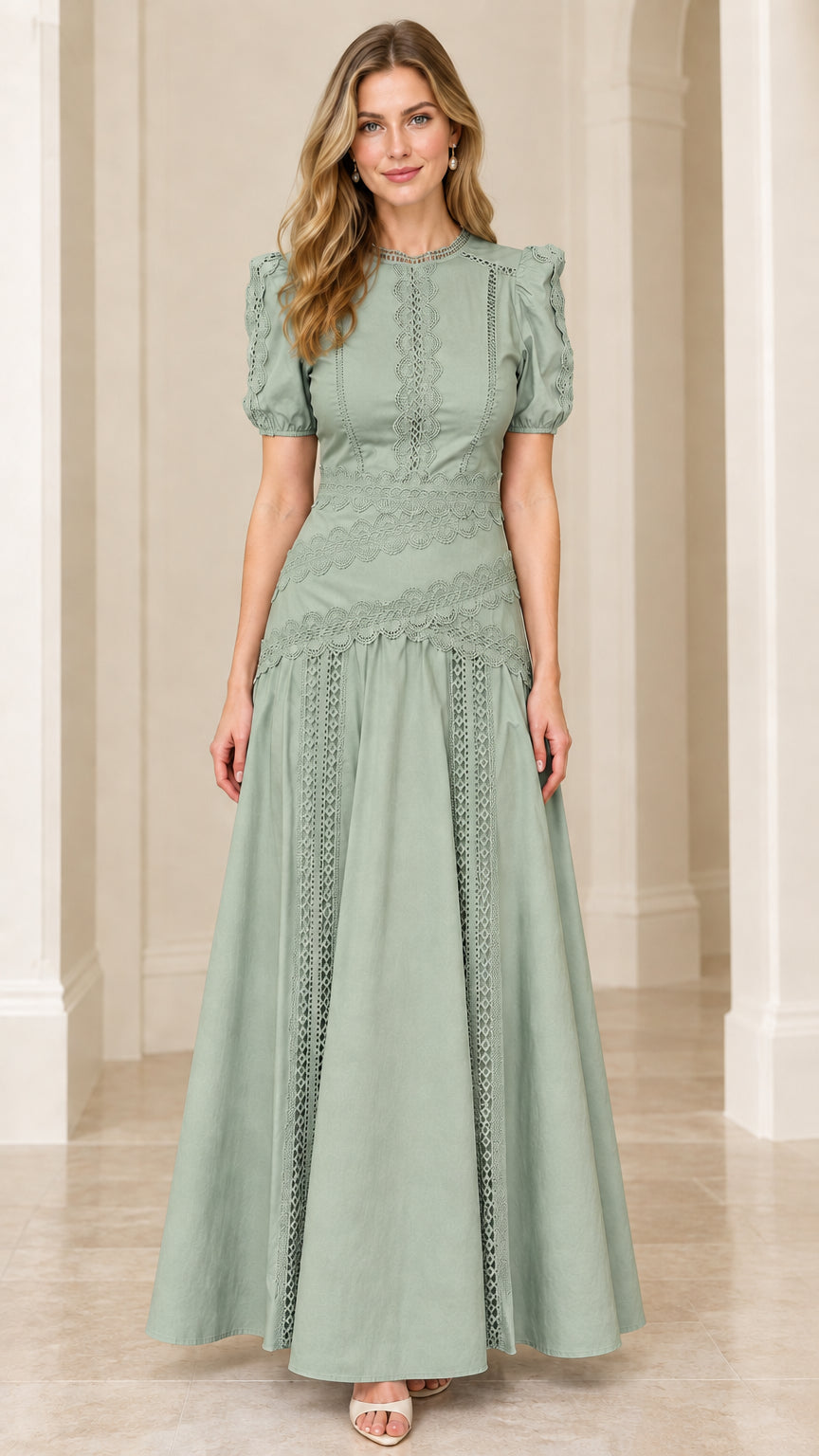 Model wearing Sage Green short puff sleeve lace maxi gown