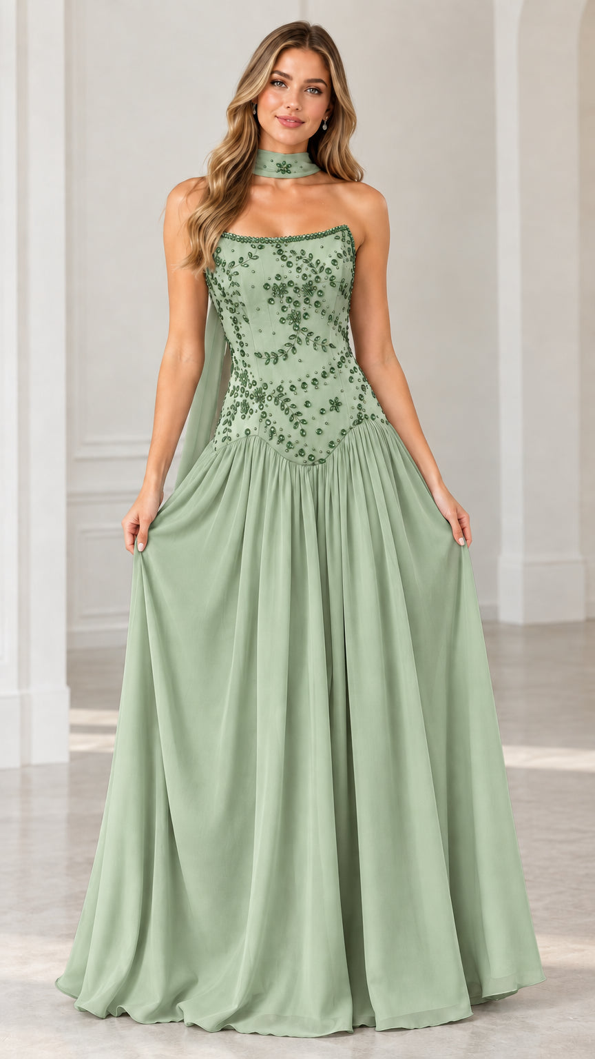 Sage green strapless beaded evening maxi dress with matching neckband