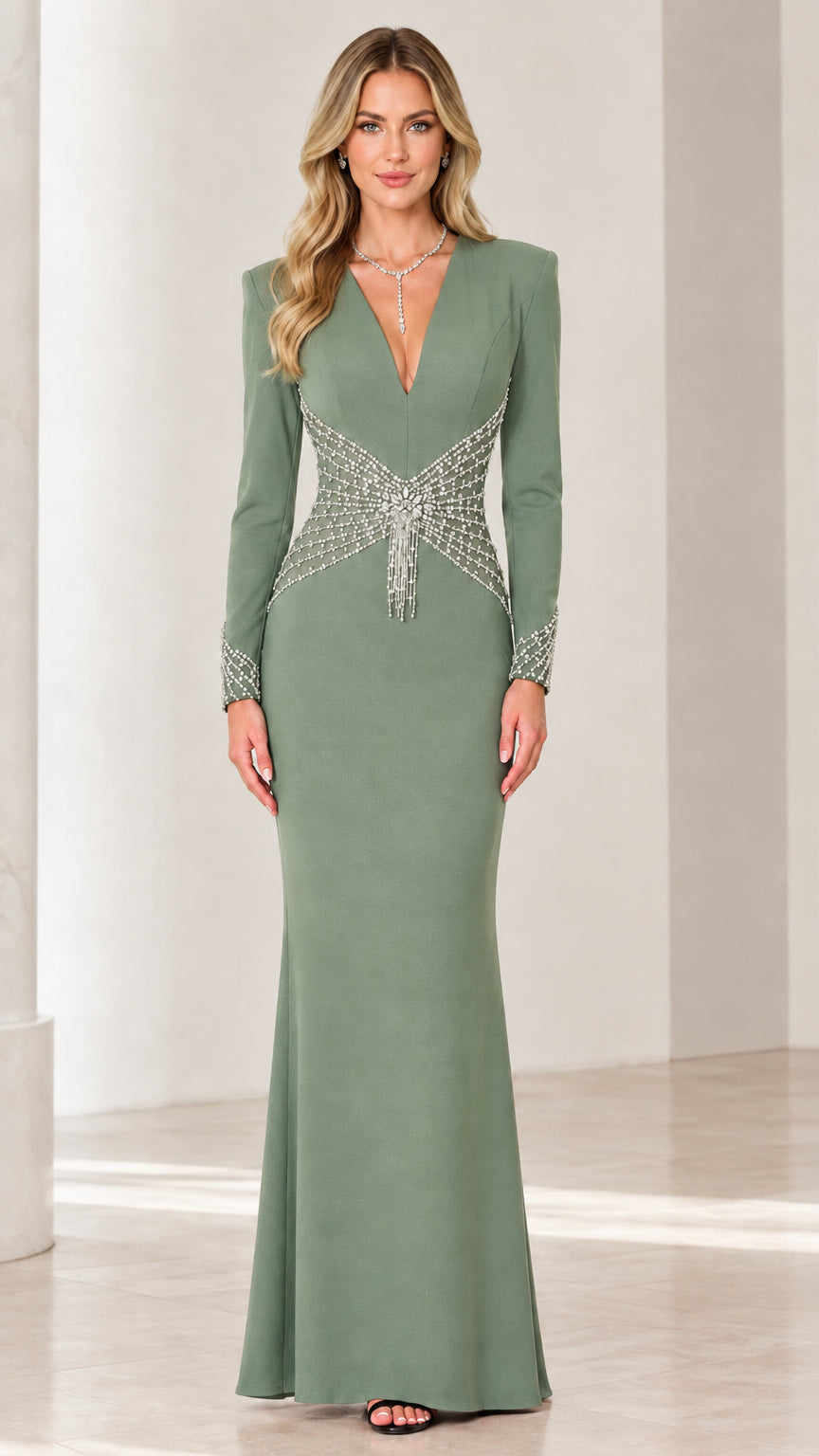 Sage Green floor-length formal gown with plunging neckline and rhinestone waist accent