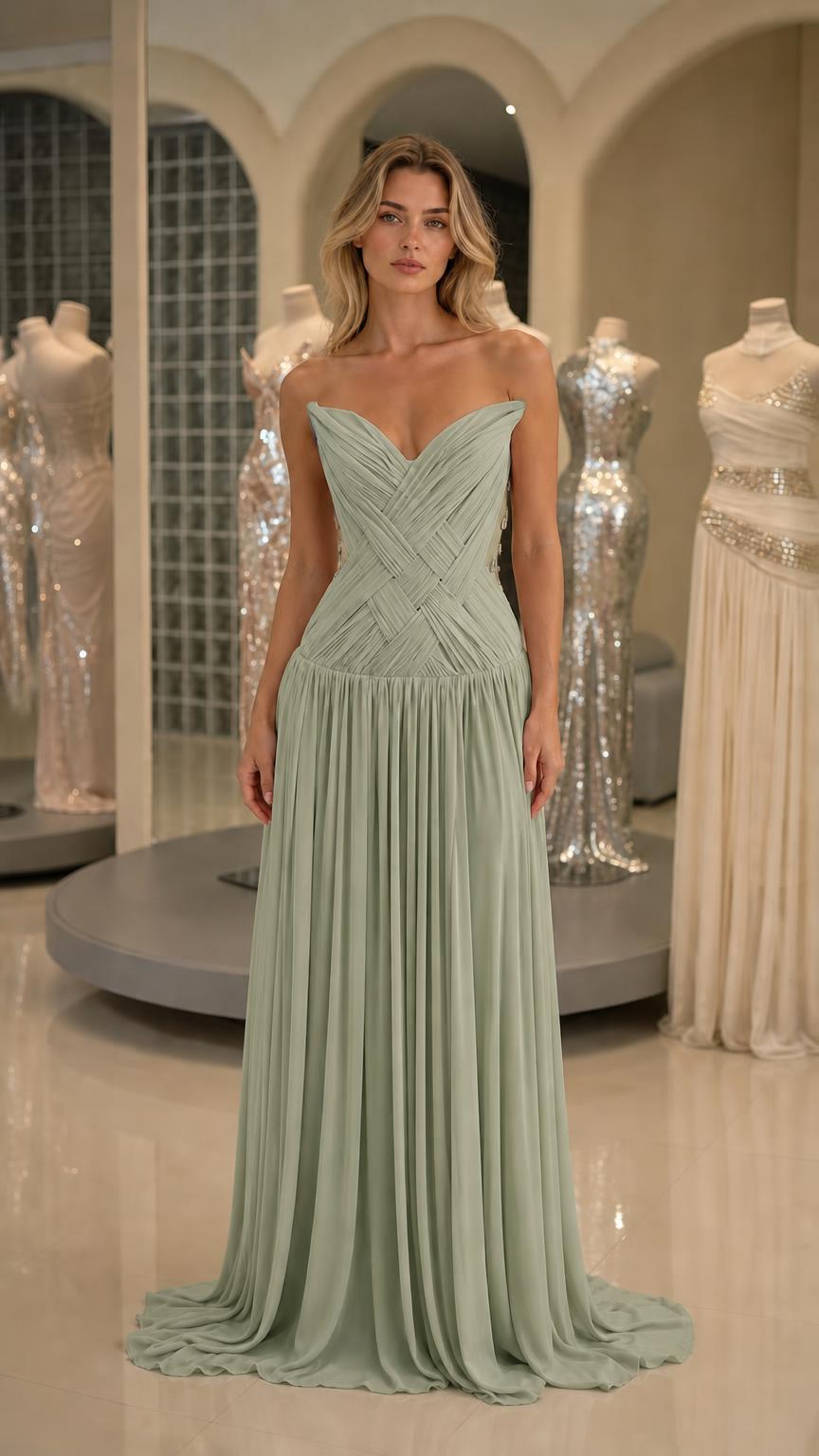 Front view of sage green pleated strapless evening gown