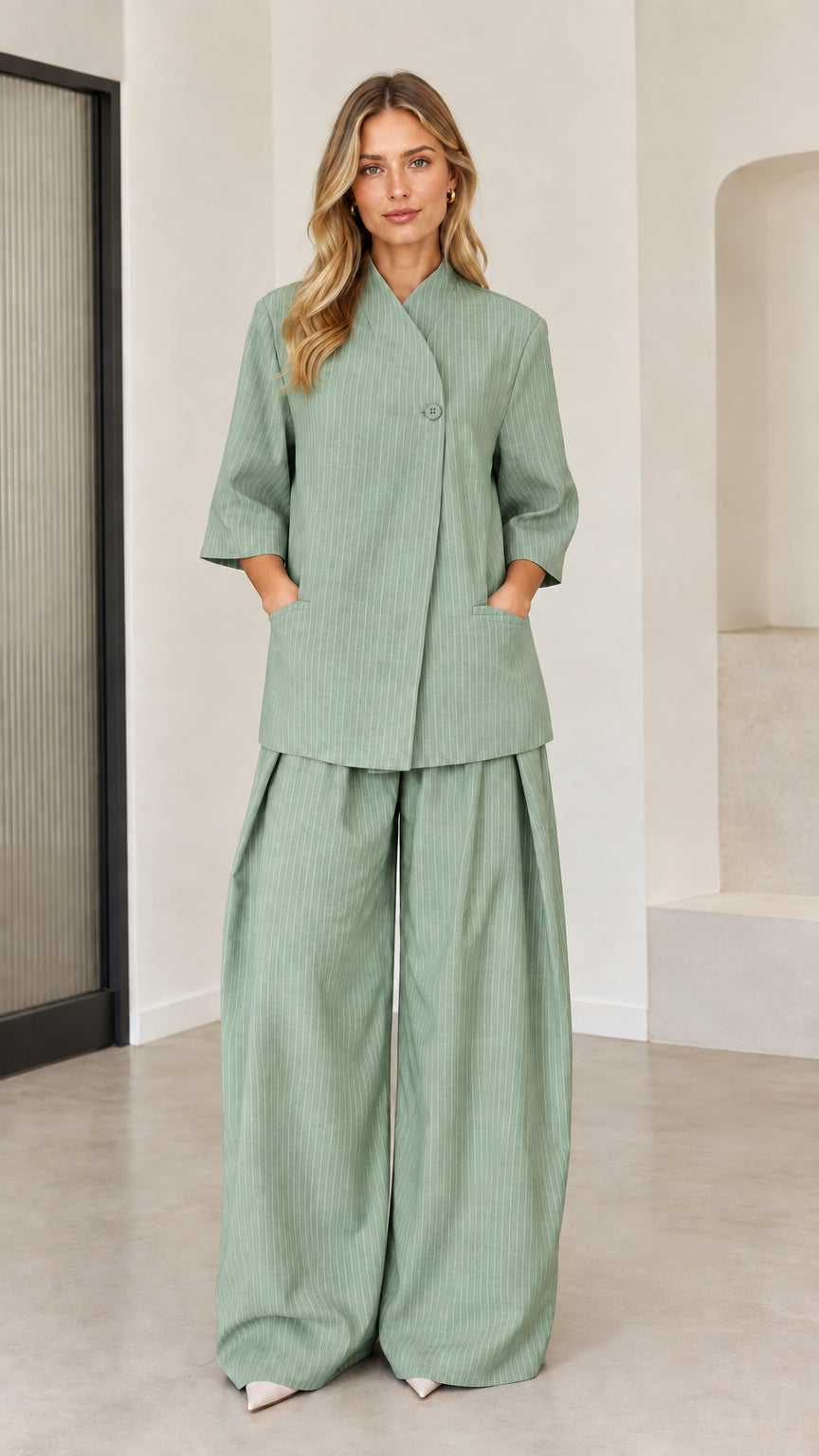 Sage green pinstriped tailored two-piece set with crossover collar and wide trousers
