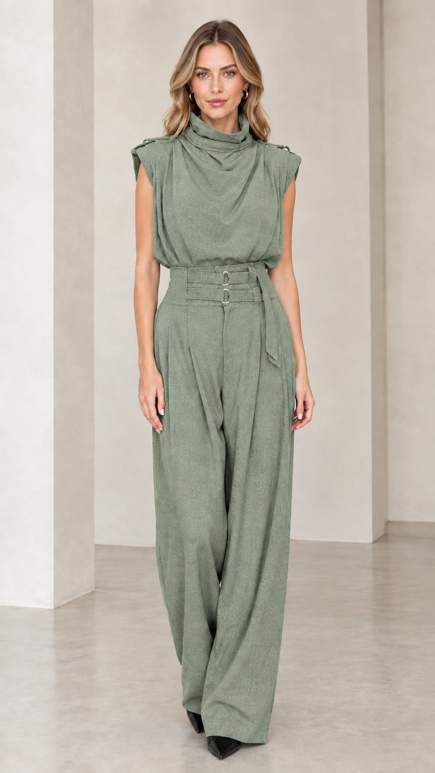 Model wearing sage green sleeveless drape high neck wide leg jumpsuit