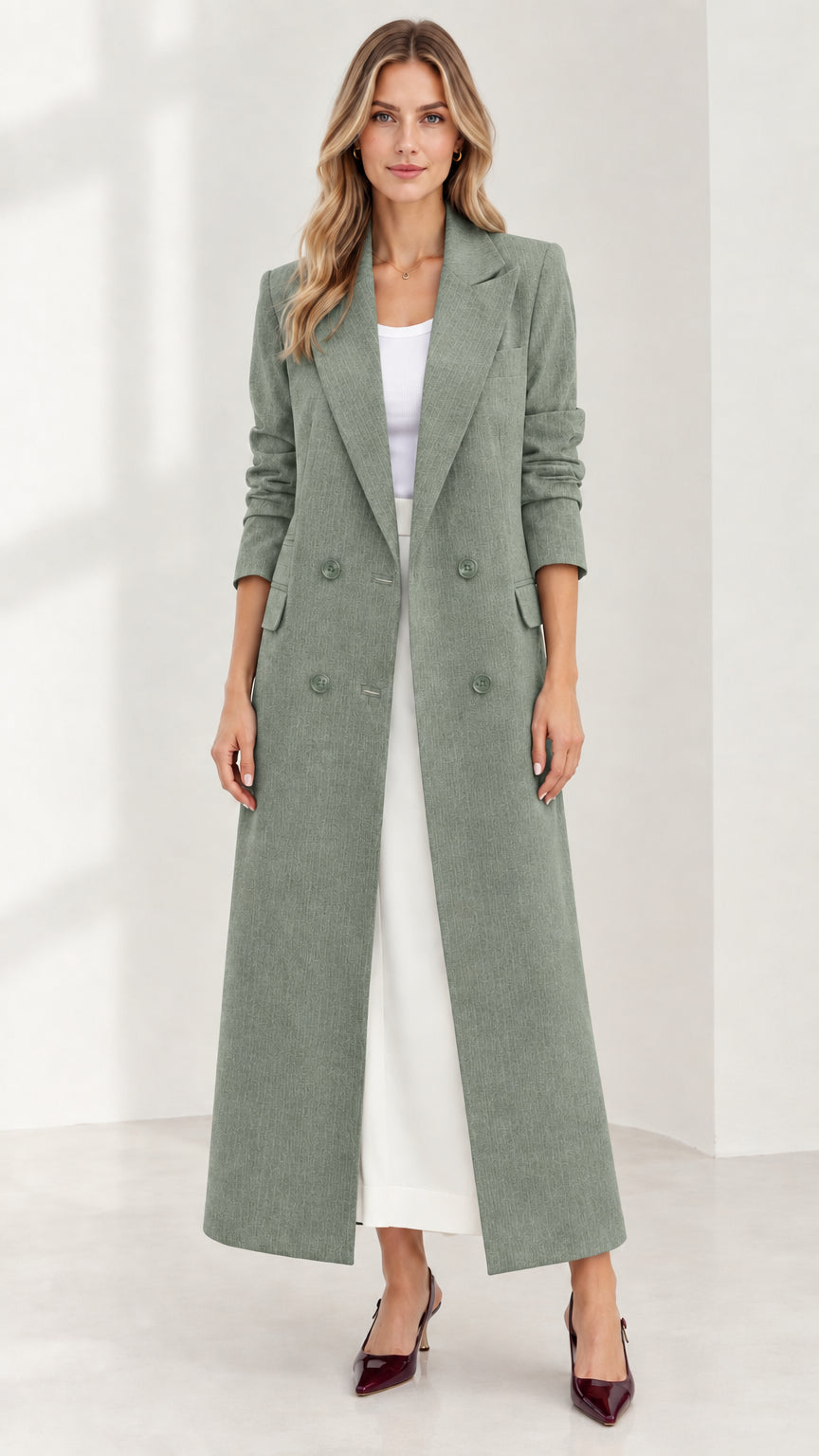 Front full-length view of woman wearing sage green maxi double-breasted coat