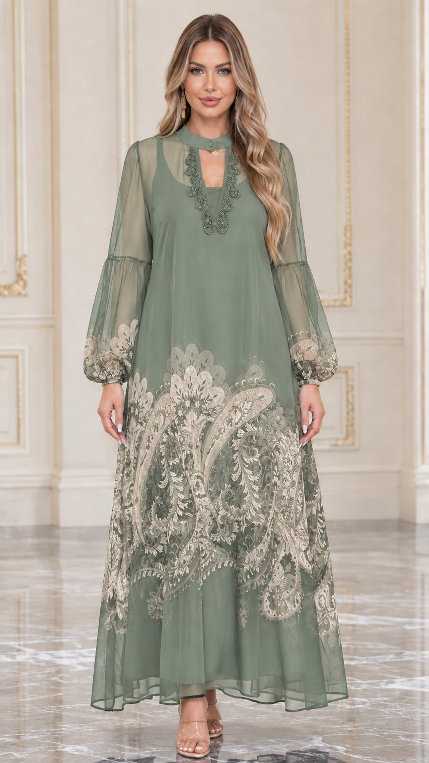 Front full view of sage green sheer sleeve paisley maxi dress