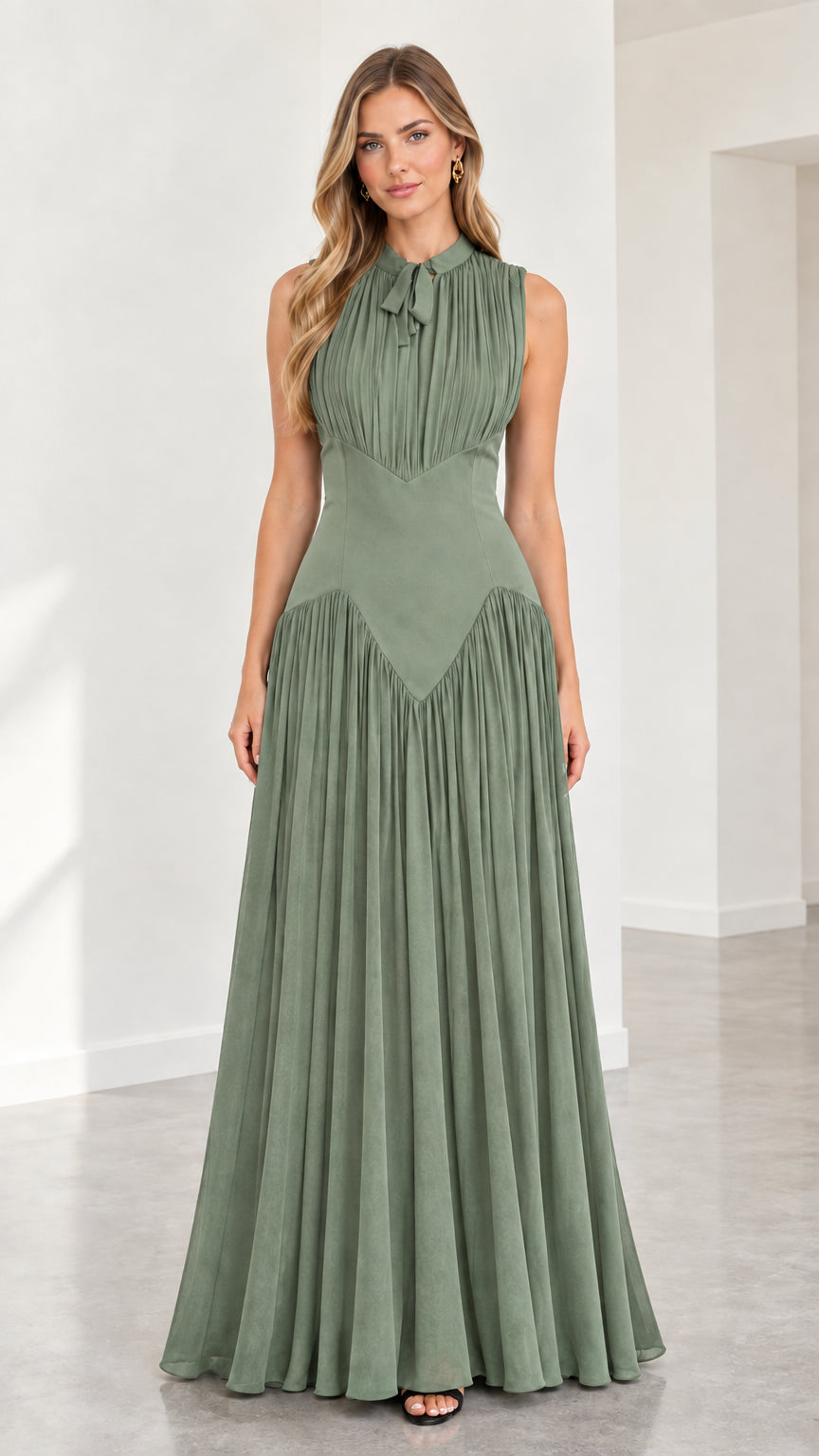 Sage green sleeveless pleated maxi formal evening gown