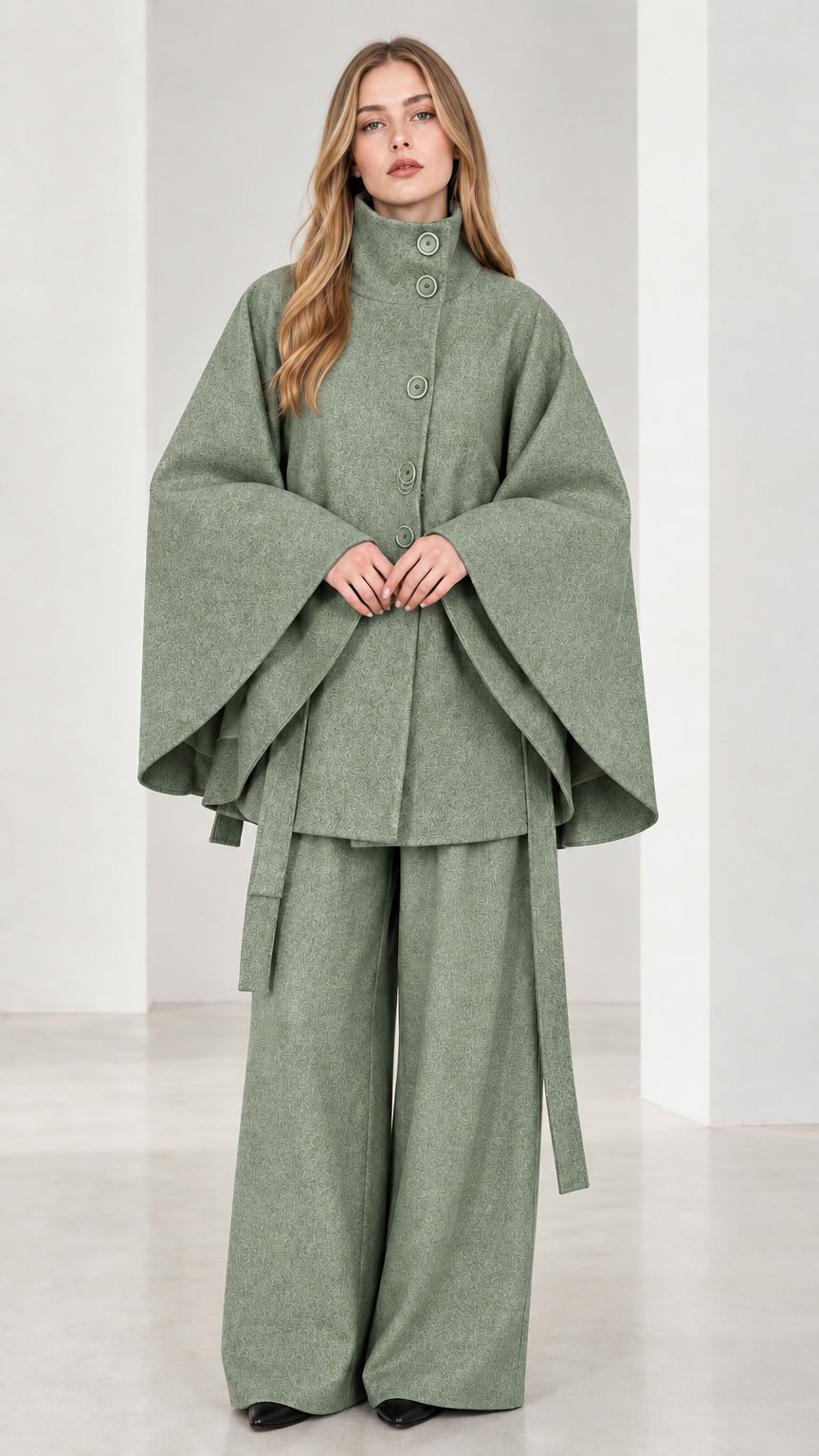Front view of sage green high neck belted cape coat and wide-leg trousers set