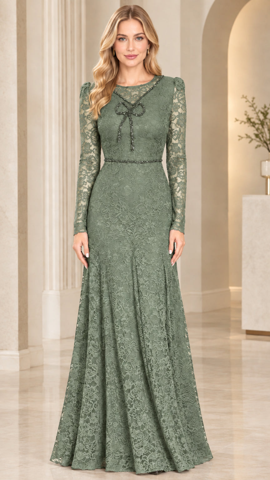 Front view of model wearing sage green floral lace long sleeve formal gown