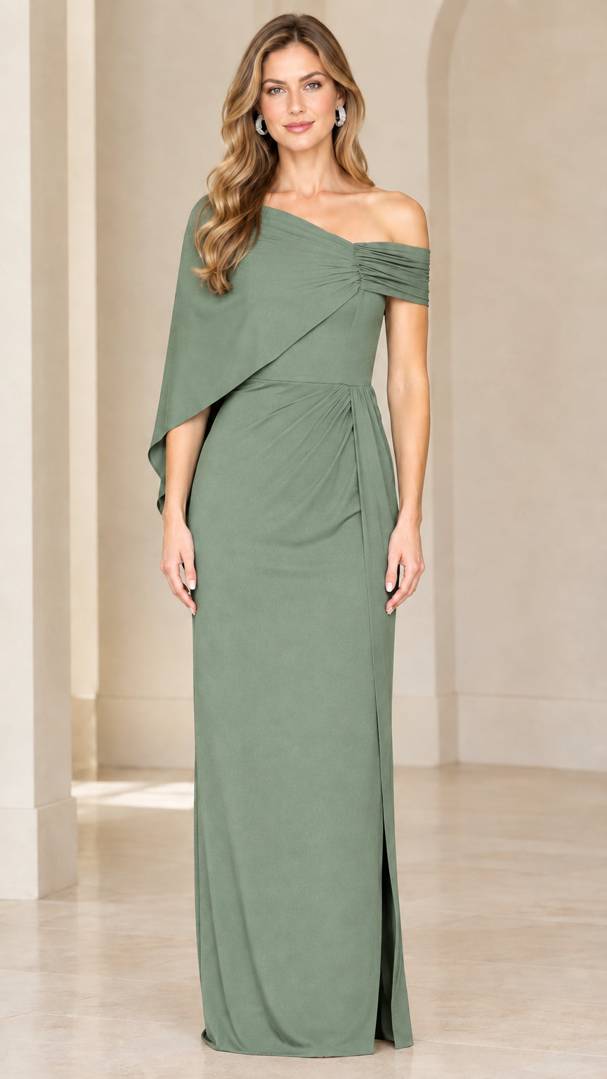 Sage green asymmetric cape sleeve maxi formal dress on model