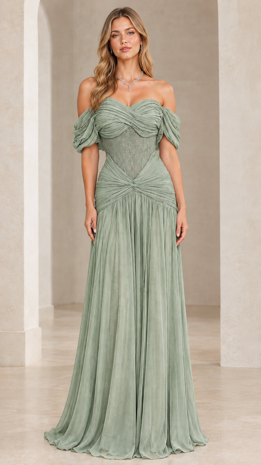 Full front view of woman wearing the Sage Green corset ruched chiffon evening gown