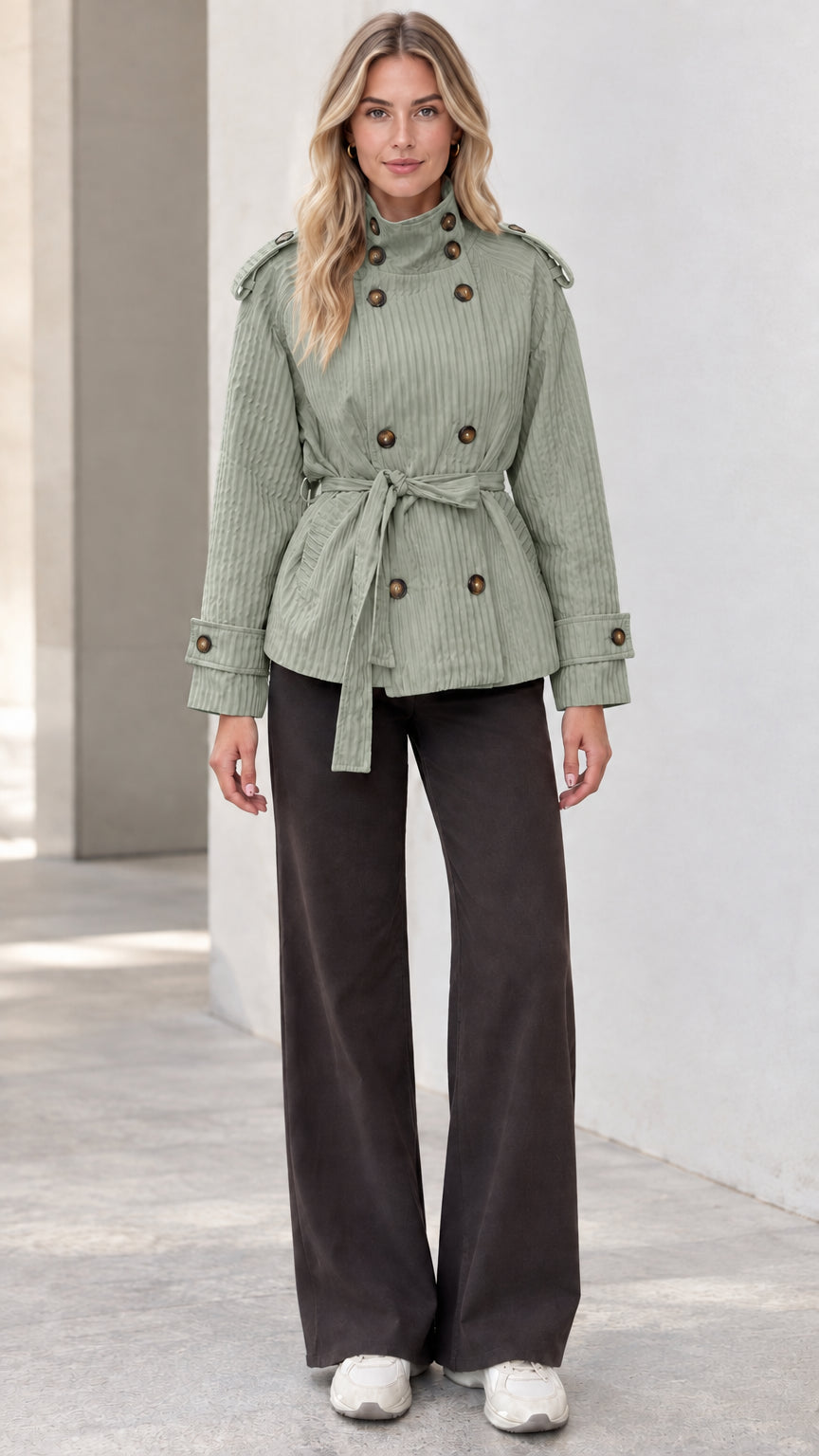 Full front view of model wearing sage green double-breasted belted short trench jacket