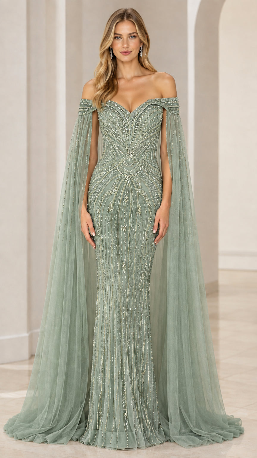 Front view of sage green beaded mermaid evening dress with draped cape panels