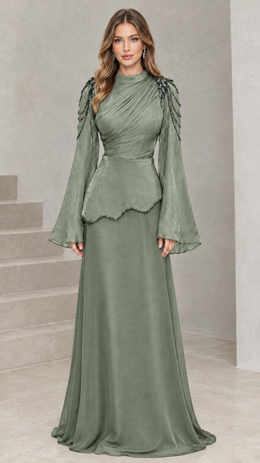 Sage Green long bell sleeve ruched formal evening maxi dress