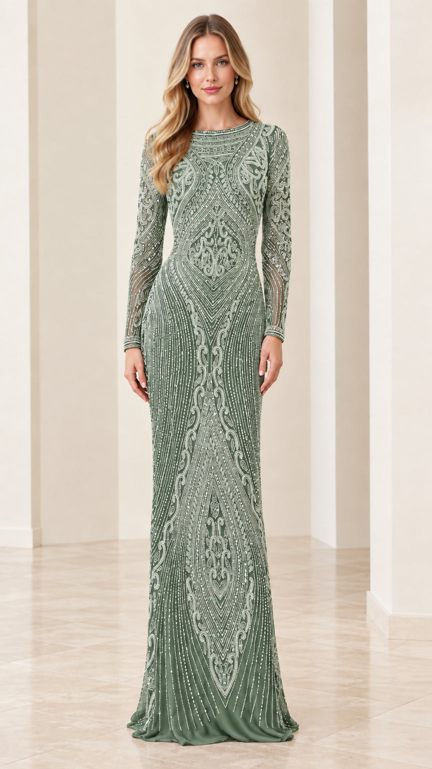 Sage green long sleeve beaded formal column gown