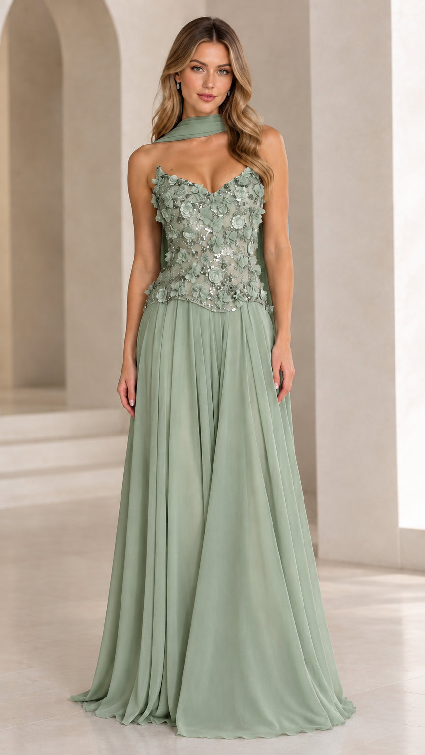 Model wearing Sage Green floral embellished sweetheart chiffon evening gown