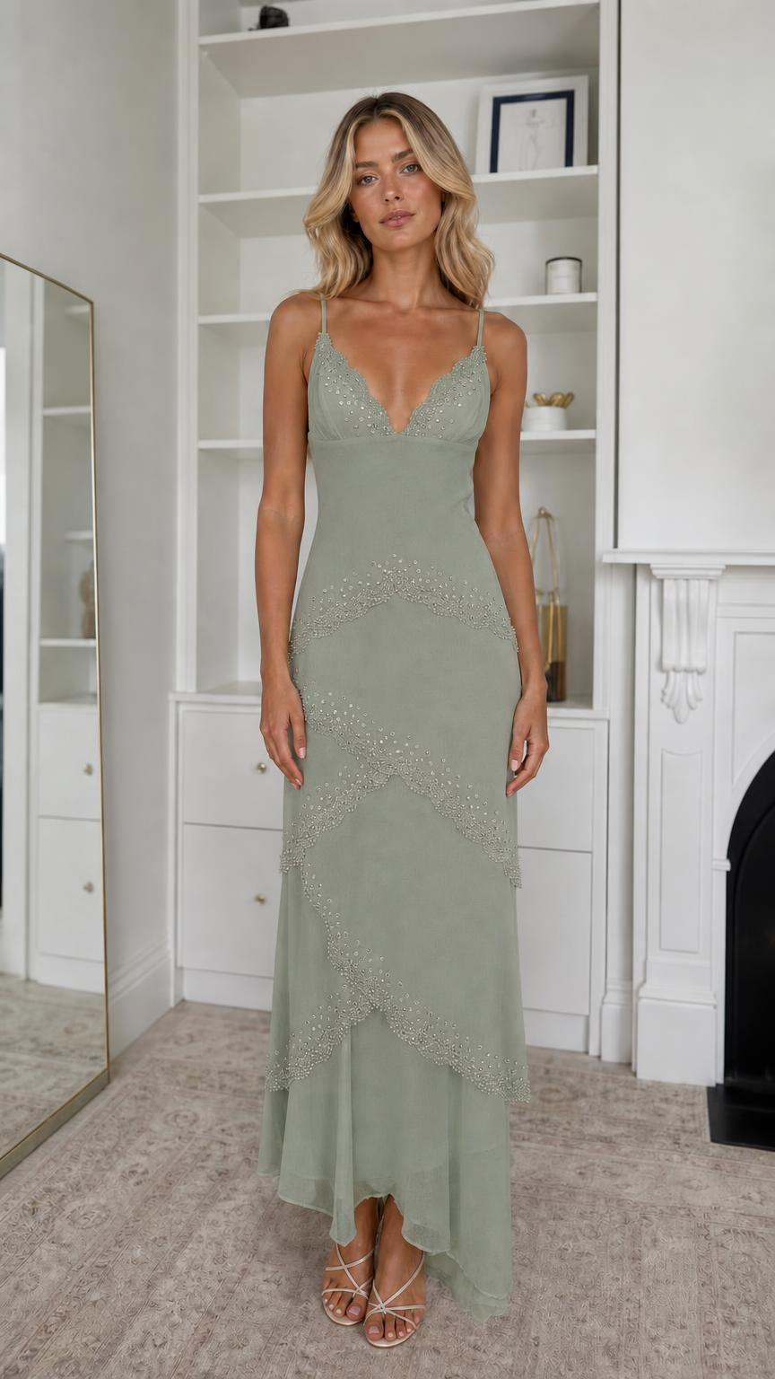 Front view of sage color variant maxi dress
