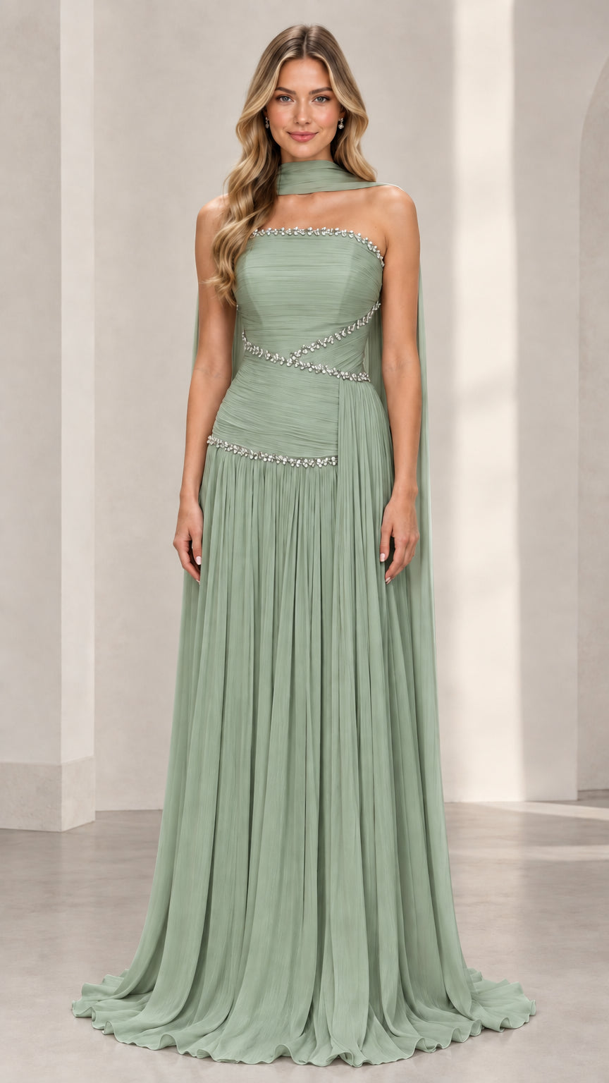 Sage green strapless formal gown with crystal trim and trailing neck scarf