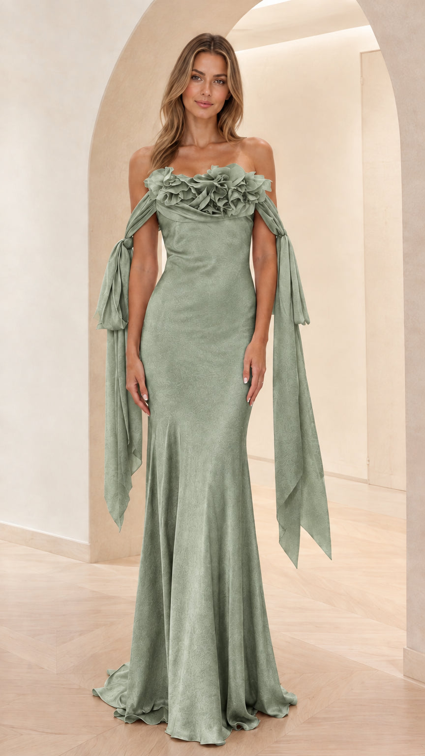 Sage green strapless mermaid maxi dress with draped arm ribbons