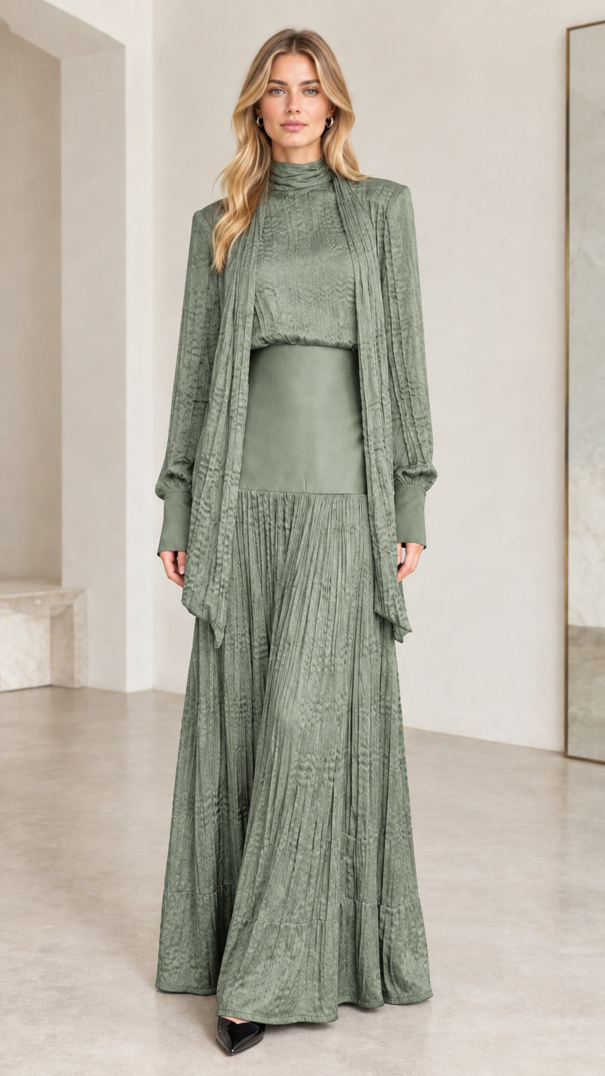 Sage green textured pleated maxi dress and cardigan set