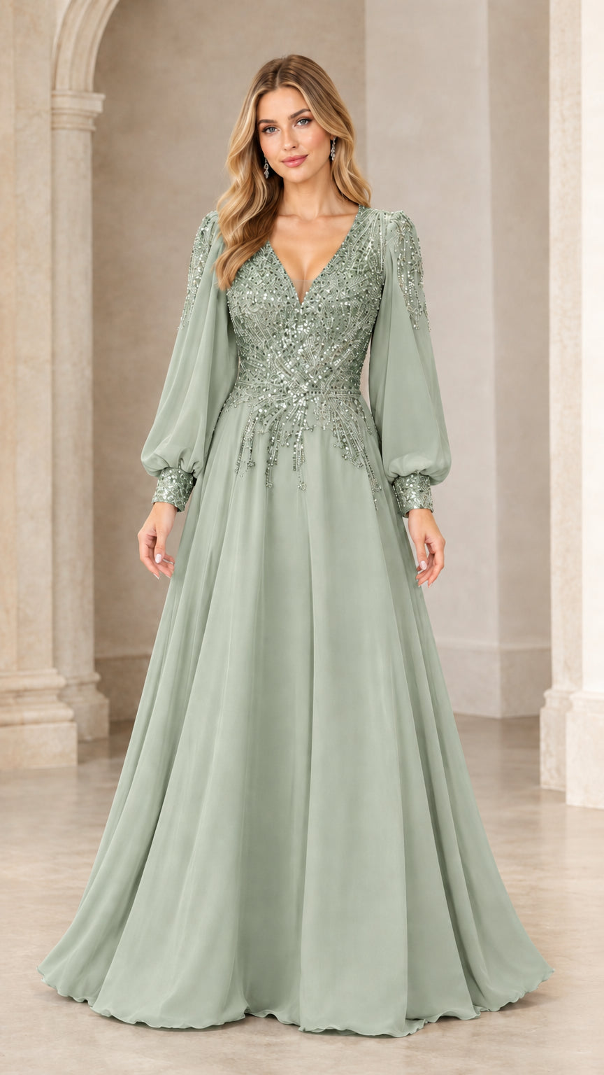 Front view of model wearing sage green sequin chiffon formal evening gown