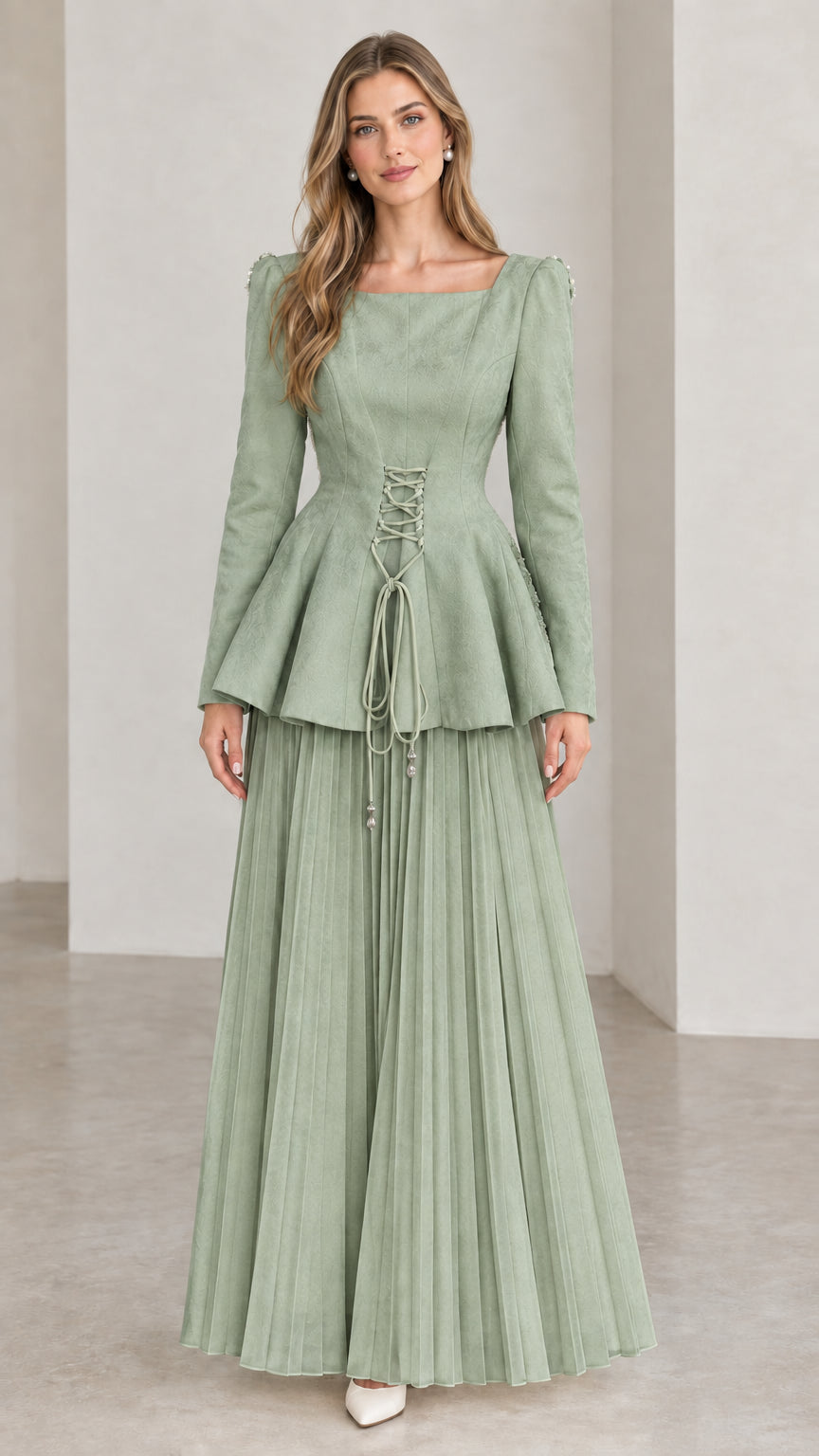 Sage green square neck corset peplum pleated maxi gown