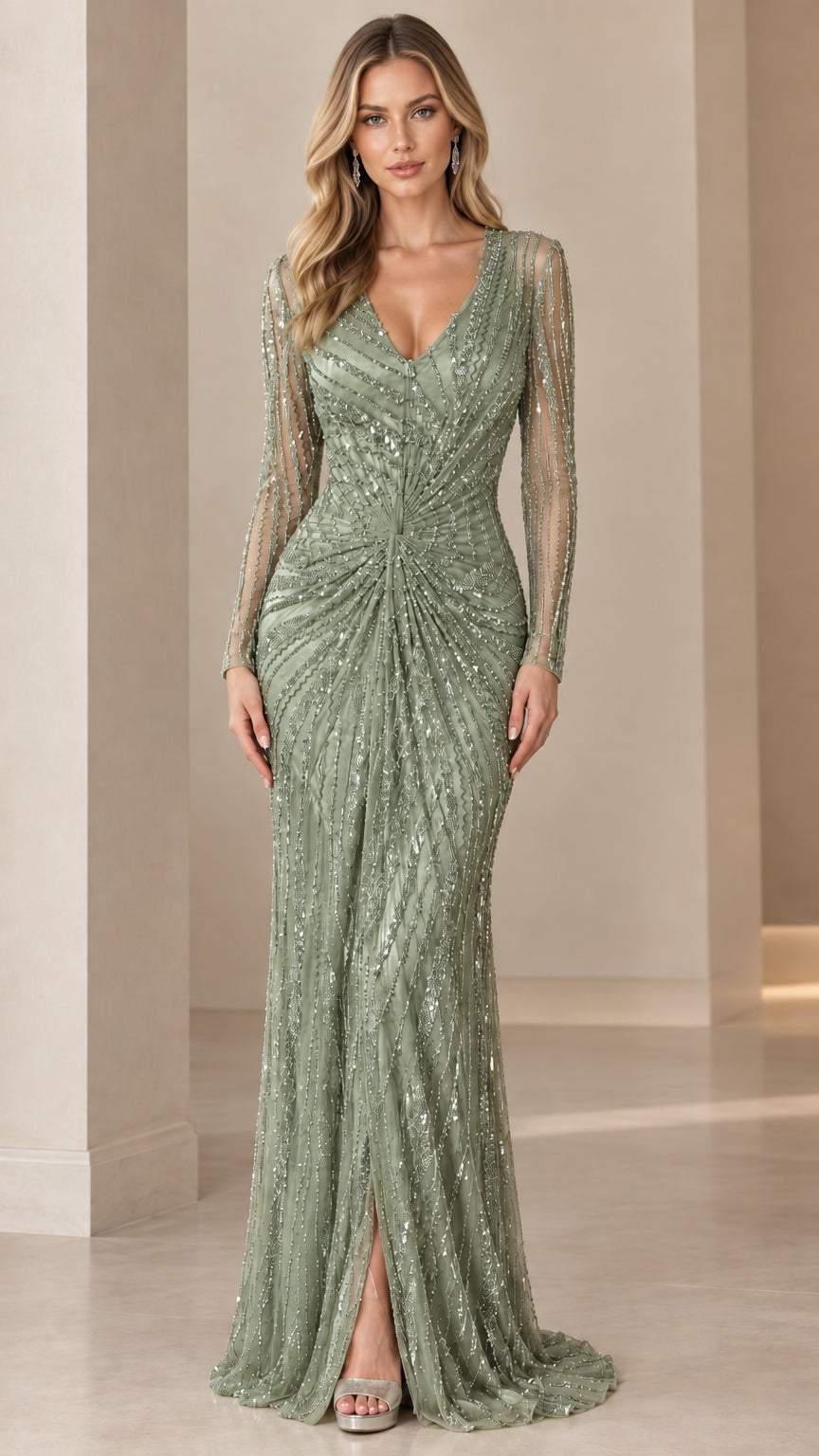 Front view of sage green long sleeve sequin evening dress