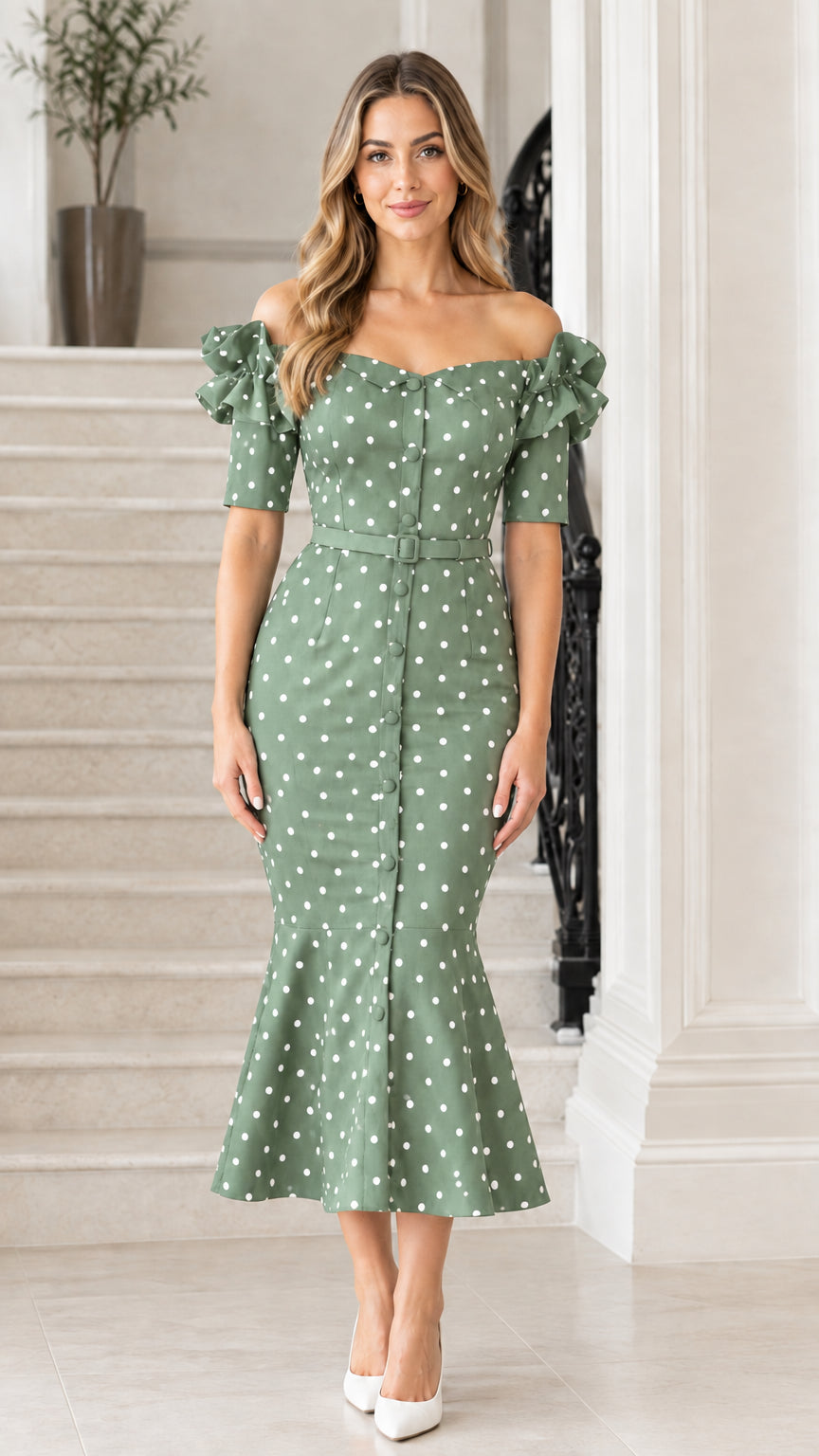 Front view of sage green polka dot off-the-shoulder mermaid midi dress