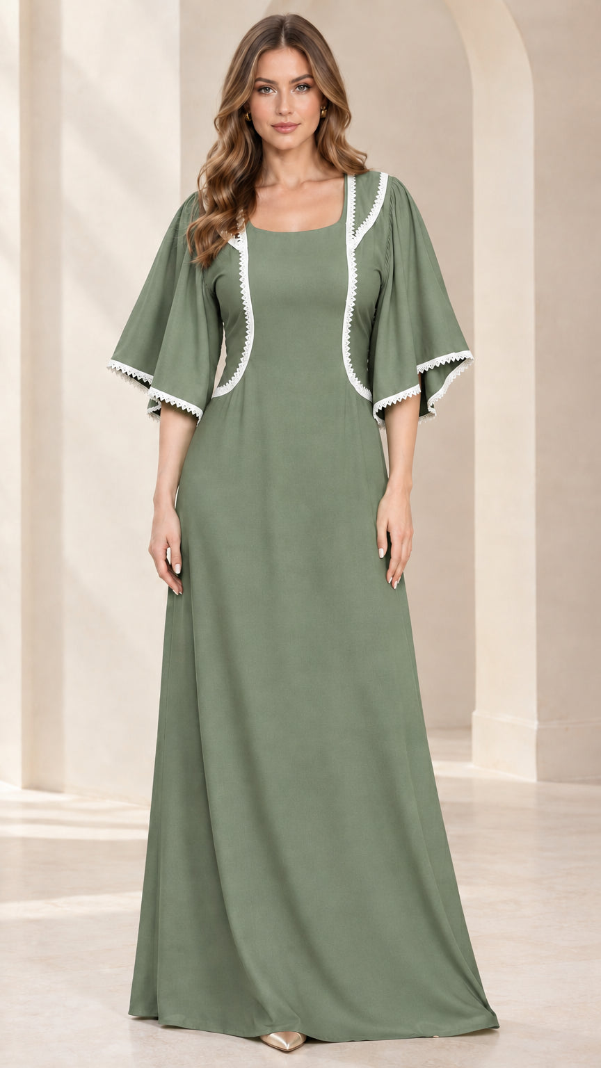 Front view of sage green flutter sleeve square neck maxi dress with white trim