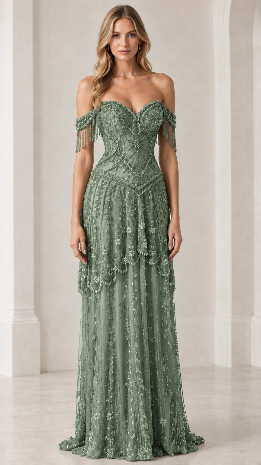 Front view of sage green off-shoulder beaded maxi evening dress