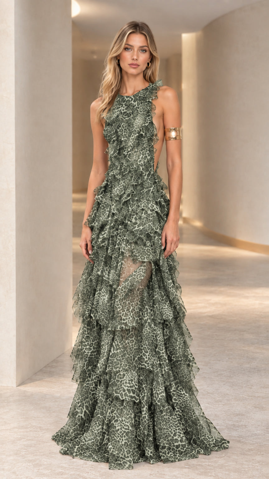 Sage Green leopard print tiered ruffle backless evening gown front view