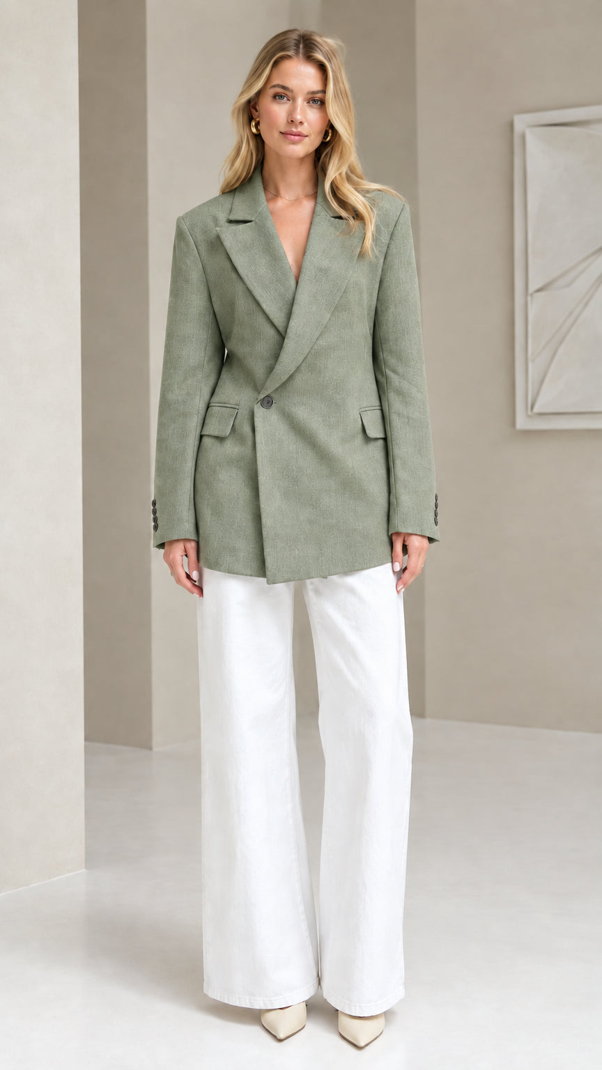 Sage green women's wrap blazer with structured lapels and buttoned cuffs