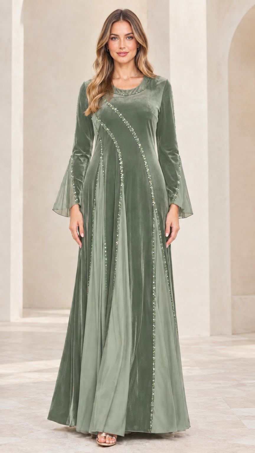 Sage green velvet embellished bell sleeve maxi dress