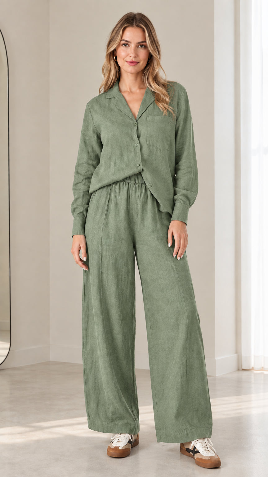 Model wearing sage green relaxed two-piece button-down lounge and travel set