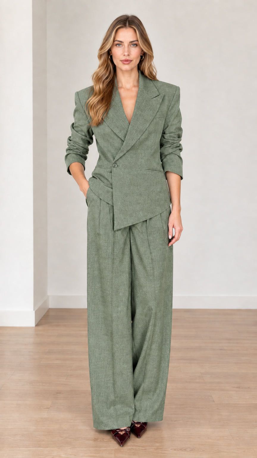 Full front view of woman wearing Sage Green tailored two-piece blazer and trouser set