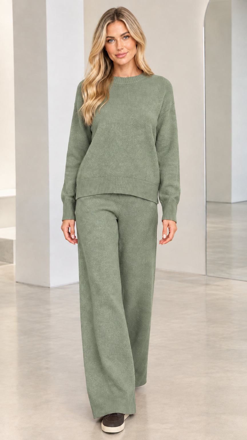 Model wearing sage green 2-piece knit sweater and wide-leg pants set