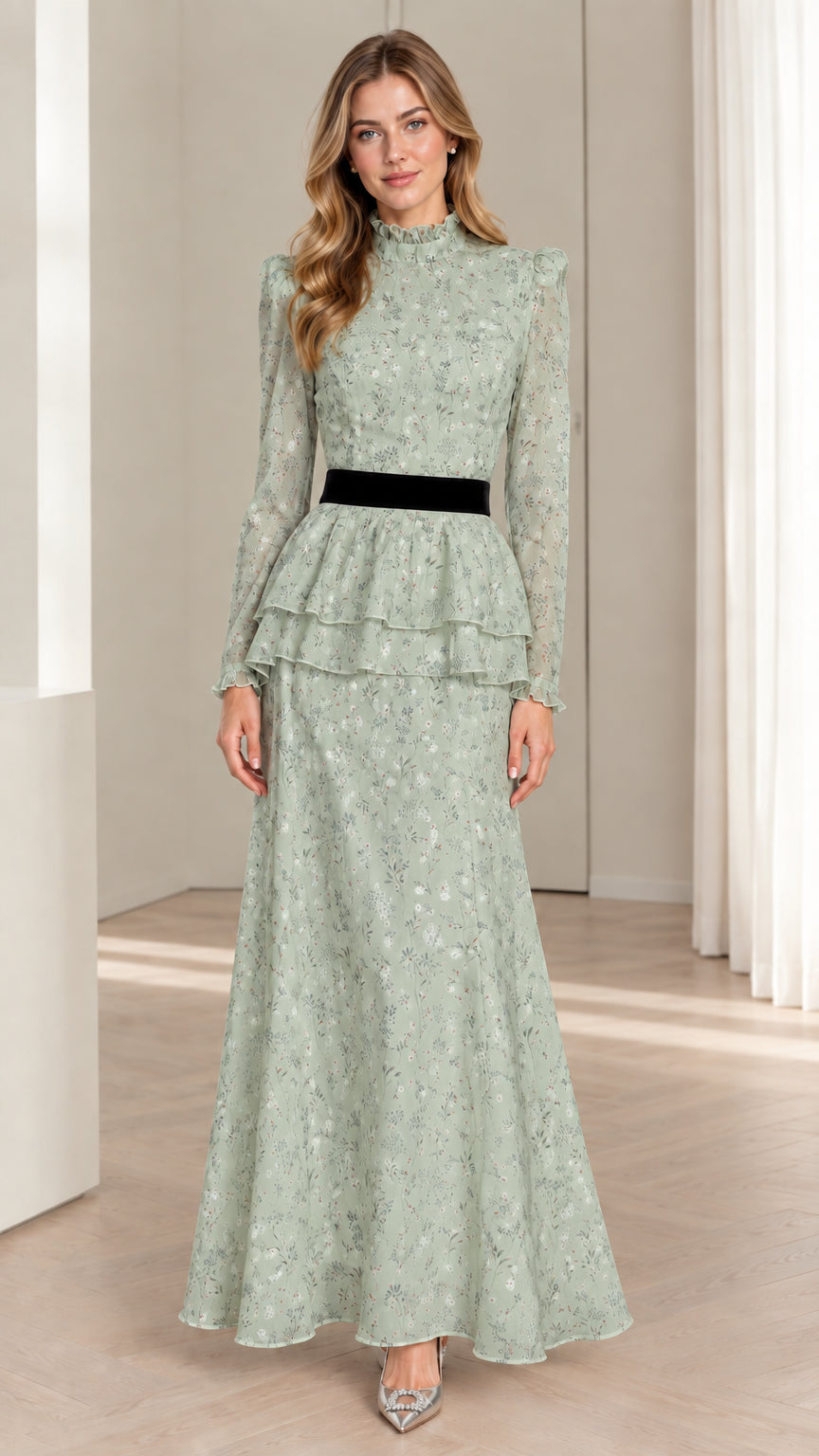 Model wearing sage green floral tiered peplum long sleeve maxi dress