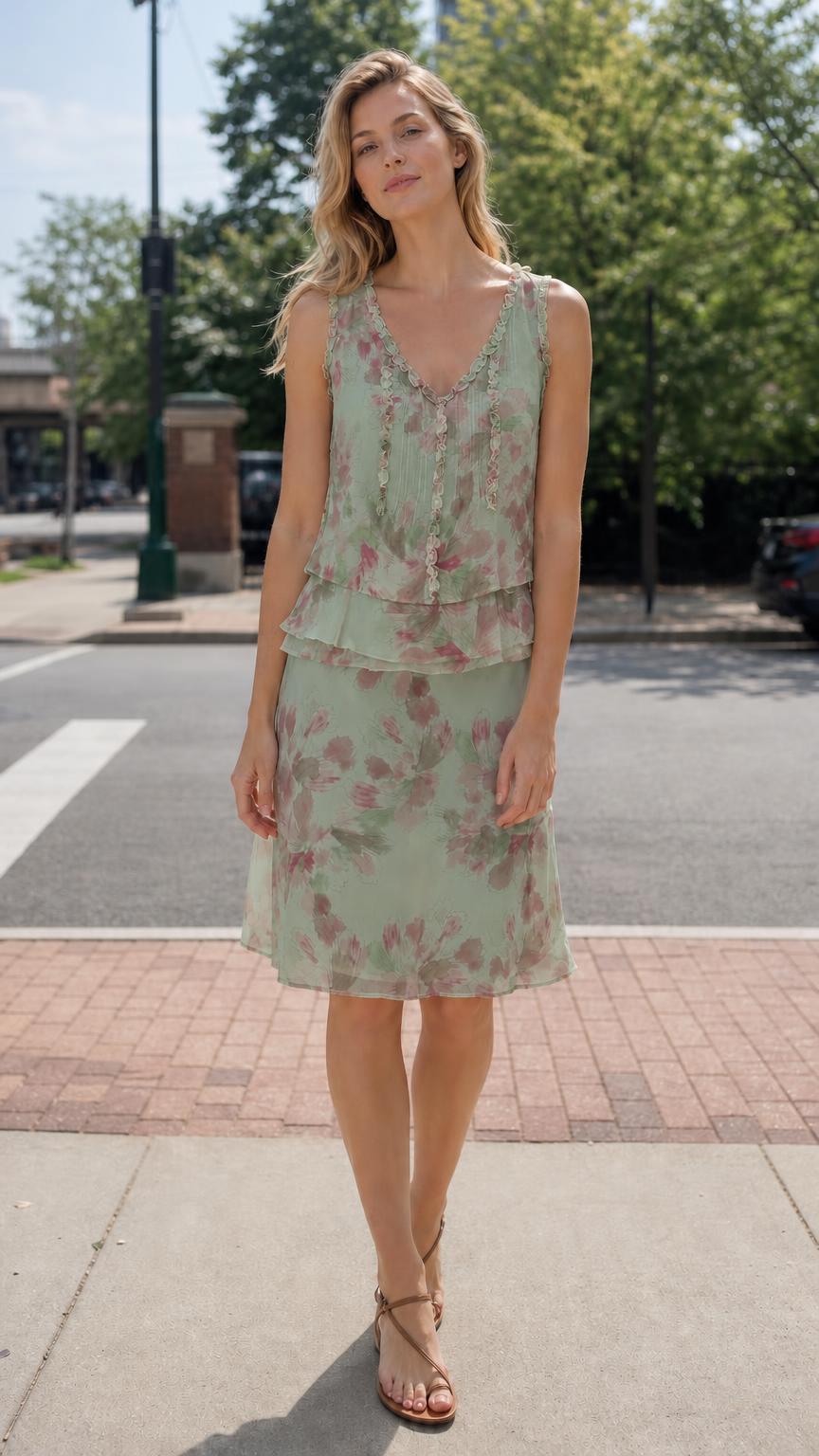 Front view of woman wearing Sage floral tiered dress