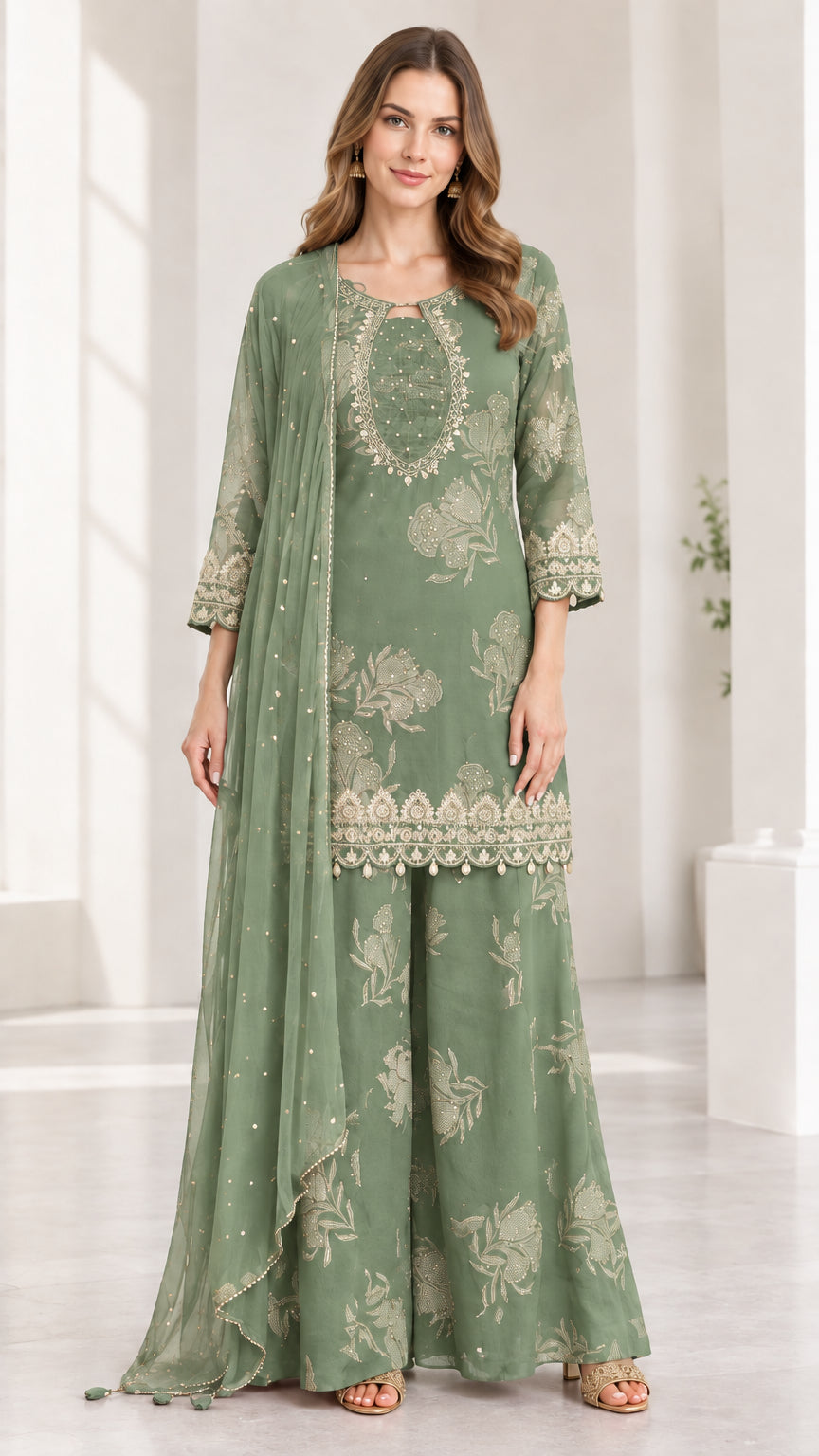 Woman wearing sage green embroidered 3-piece kurta sharara suit set