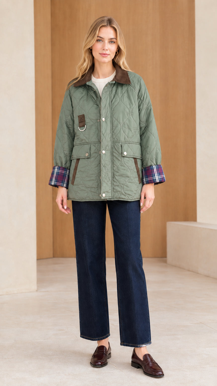 Front view of woman wearing sage green quilted barn jacket with corduroy trim
