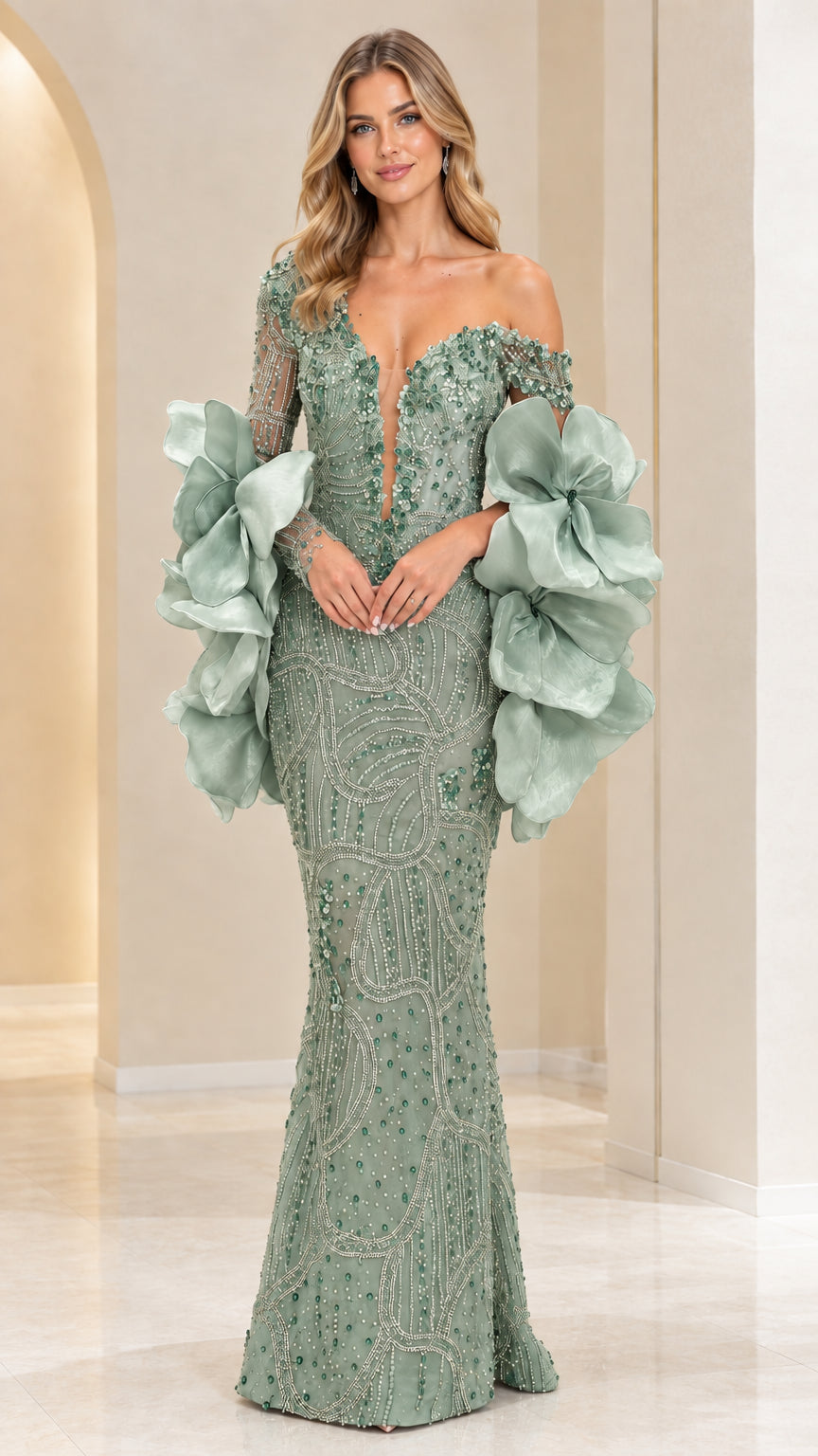 Model wearing Sage Green off-the-shoulder embellished mermaid evening dress
