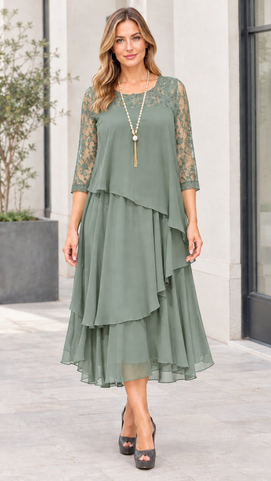 Sage green tiered chiffon midi dress with lace yoke and 3/4 sleeves