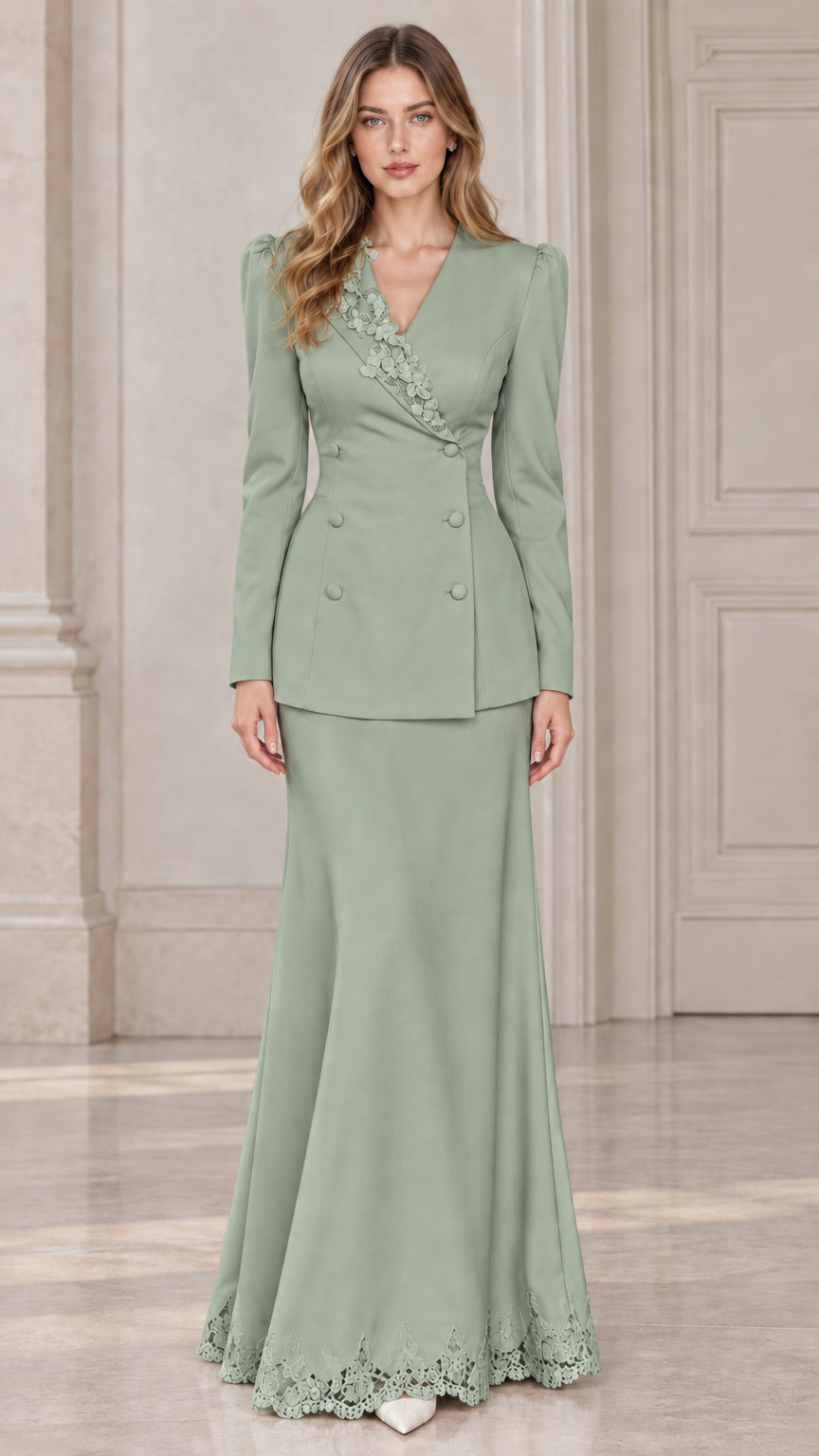 Front view of model wearing sage green formal two-piece evening suit set
