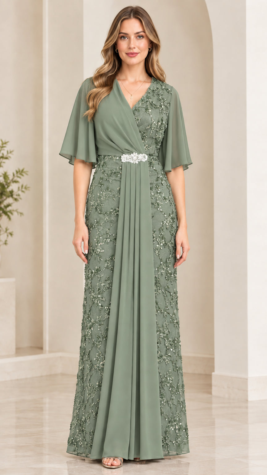 Front view of sage green sequin lace evening maxi dress with flutter sleeves