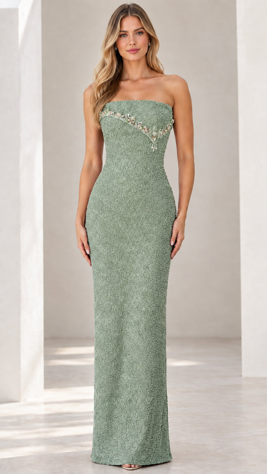Front view of sage green strapless embellished column maxi dress