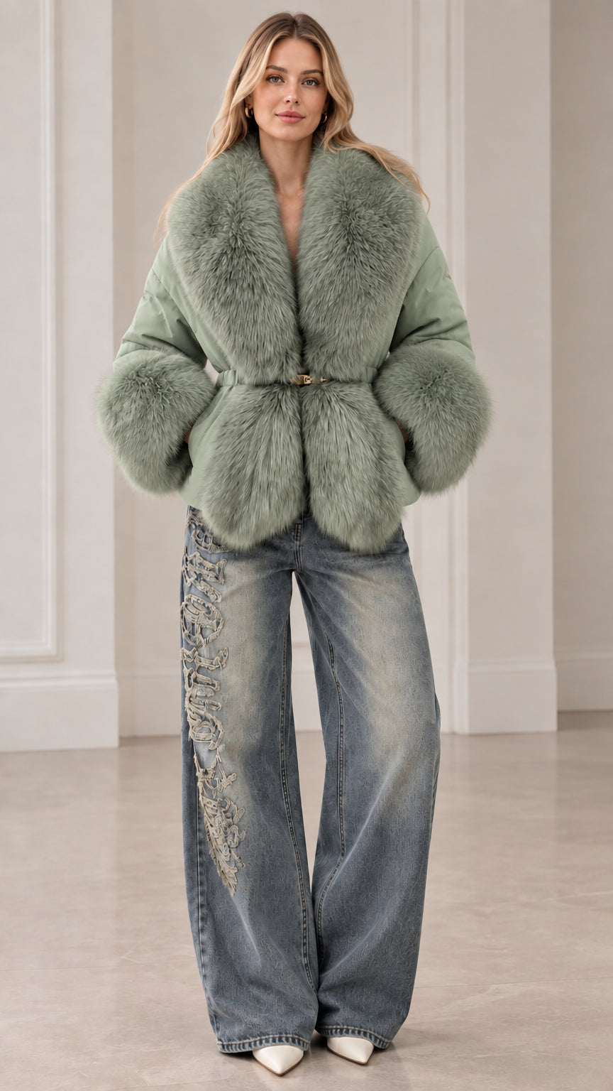 Full front view of sage green faux fur trimmed belted puffer jacket